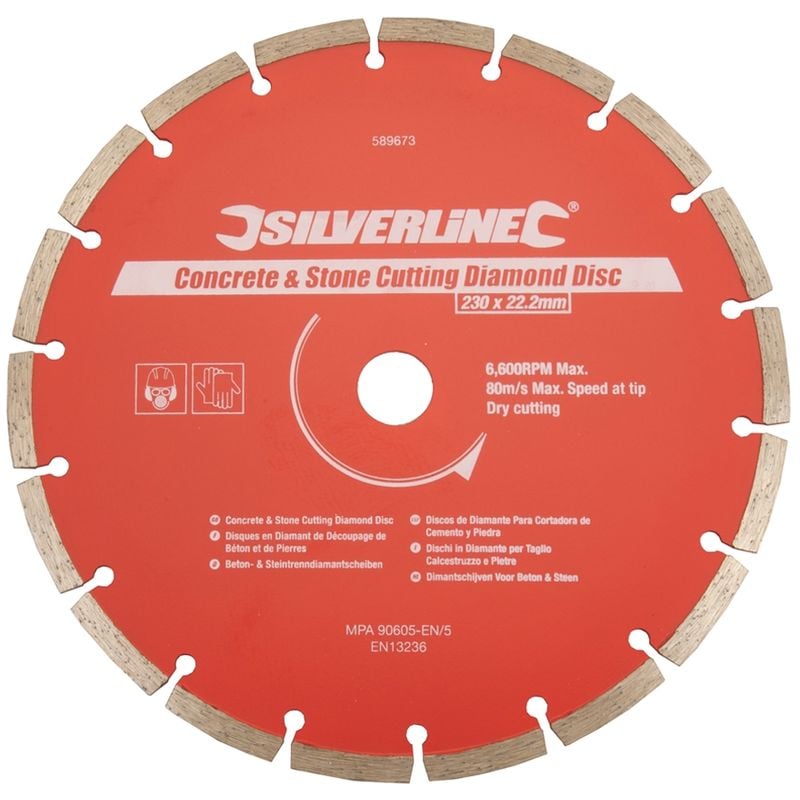 Lame diamantée à tronçonner le béton et la pierre 230 x 22,2 mm Silverline 589673