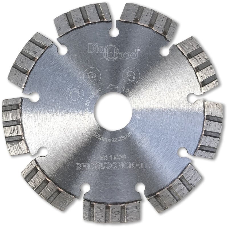 Disque Diamant Turbo Soudé 125 mm pour Béton et Matériaux de Construction - Alésage 22,23 mm - Hauteur de Segments 10 mm - Épaisseur 2,3 mm - 9