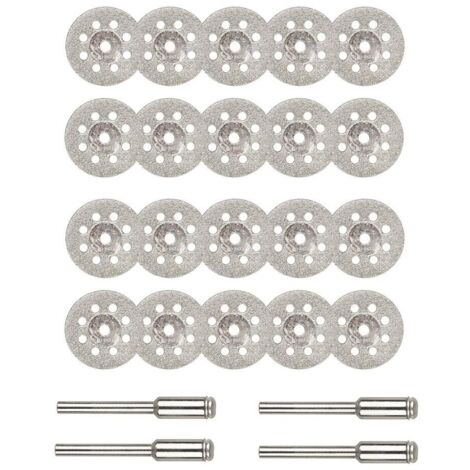 Disque Diamant de Coupe, 20Pcs 22mm Diamant Mini Disques à Tronçonner avec 4 Pièces Mandrins Tiges pour Disques Rotatifs pour outils rotatifs verre gemmes Disques de coupe