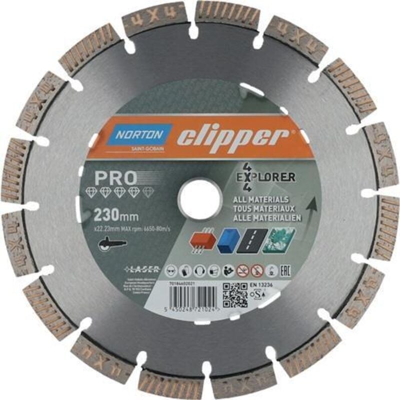 Clipper disque à tronçonner diamanté 4x4 Explorer D.230mm alésage.22,23mm 2,5mm 12mm - 70184602021 - Norton
