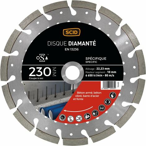 Disque diamant pour meuleuse 230 mm – Coupe à sec pour béton armé et métal – Alésage 22,23 mm – Refroidissement optimal – Scid
