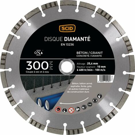 Disque diamant 300mm pour béton armé – Alésage 25,4mm – Hauteur de segment 10mm – Type de coupe à sec ou à eau – 704146 – Scid