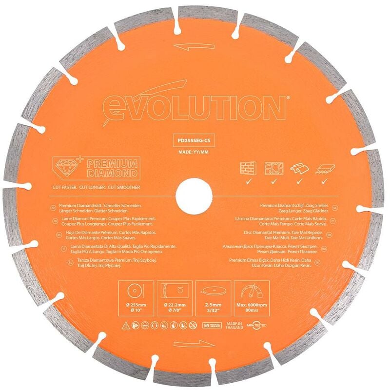 Disque diamant premium segmenté 255mm alésage 22,2mm Evolution pour Disqueuse