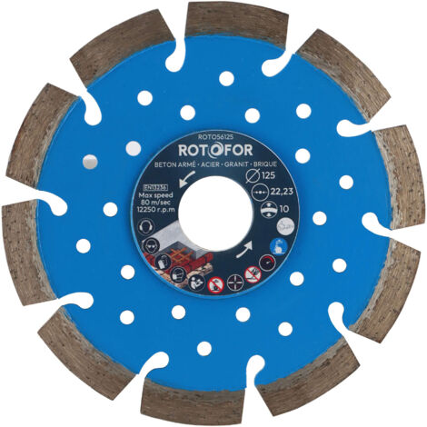 Disque diamant segments soudés Rotofor - Alésage 22,23 mm - Hauteur segment 10 mm - Coupe béton, brique, parpaing - Diamètre 230 mm mm