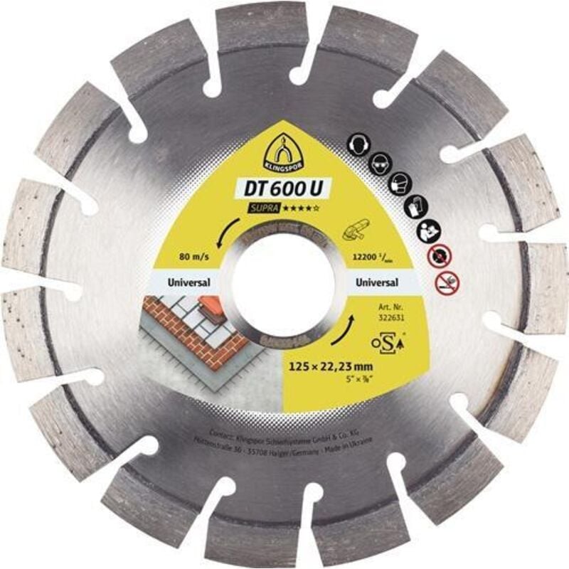 Disque à tronçonner diamanté dt 600 u Supra D.230mm Perçage.22,23mm 9mm 20mm - 322634 - Klingspor