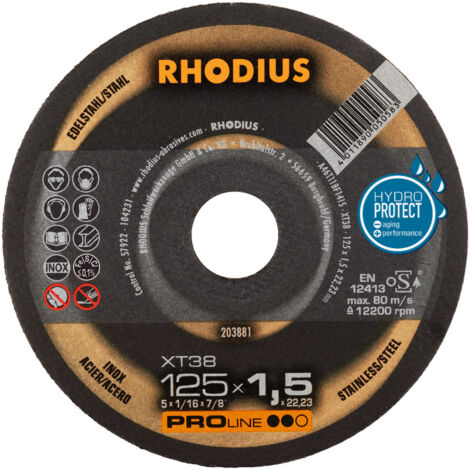 Disques à tronçonner Acier/Inox 125 x 1.5 x 22,23 mm PRO-LINE - RHODIUS XT38