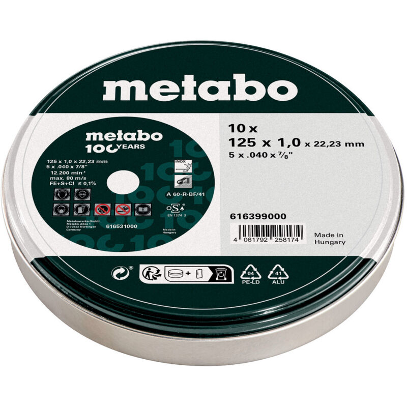 Disque de coupe inox METABO ME 616399000 125x1x2223 mm Lot de 10 A 60 R