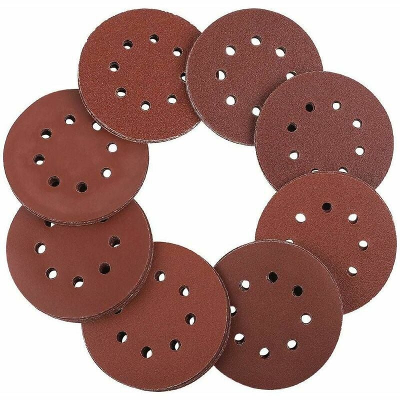 Disques abrasifs 125 mm Velcro - 100 pièces de papier abrasif pour ponceuse excentrique 8 trous chacun 20 x 60/80/100/120/240 grain papier rond