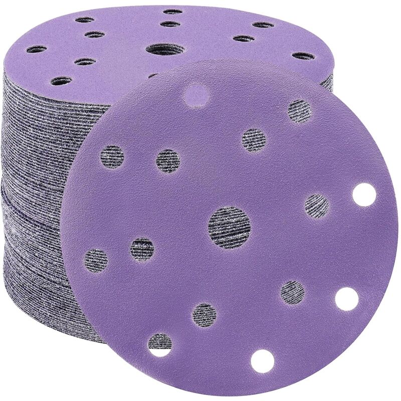 Disques Abrasifs 150mm Grain 320 Papier Poncer Disques de Ponçage 50 Pièces 15 Trous Disques de Ponçage pour Ponceuse Excentrique(Violet)