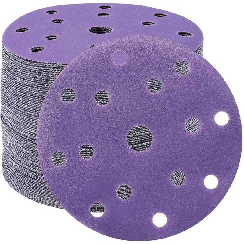 Disques Abrasifs 150mm Grain 180 Papier Poncer Disques de Ponçage 50 Pièces 15 Trous Disques de Ponçage pour Ponceuse Excentrique(Violet)
