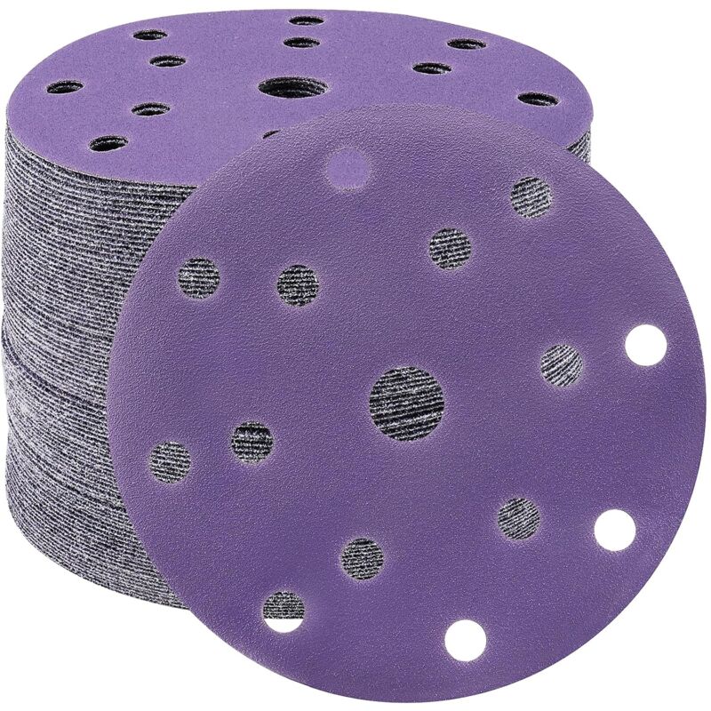 Disques Abrasifs 150mm Grain 220 Papier Poncer Disques de Ponçage 50 Pièces 15 Trous Disques de Ponçage pour Ponceuse Excentrique(Violet)