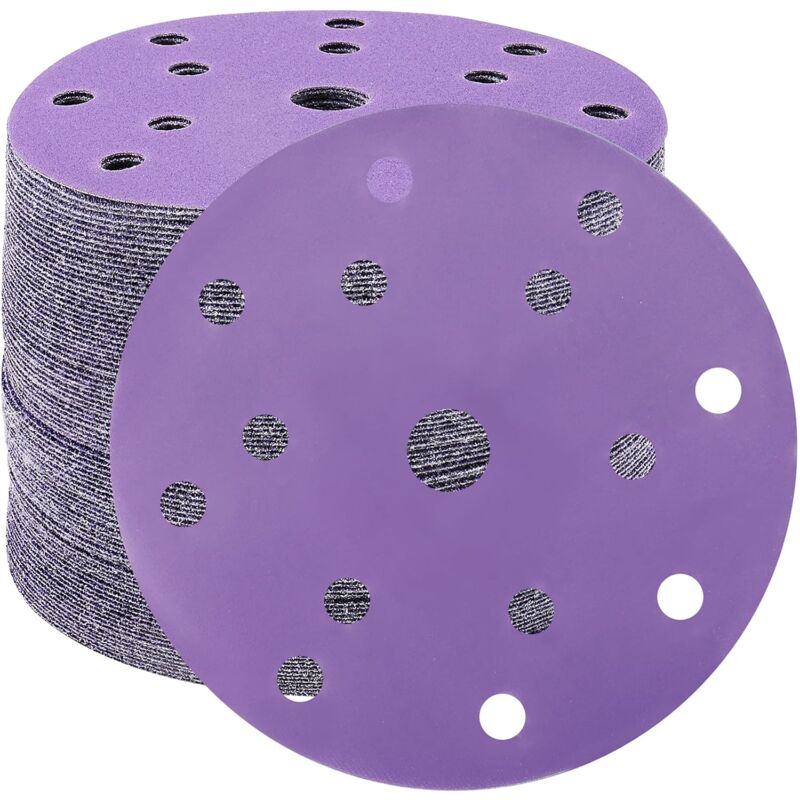 Disques Abrasifs 150mm Grain 1200 Papier Poncer Disques de Ponçage 50 Pièces 15 Trous Disques de Ponçage pour Ponceuse Excentrique(Violet)