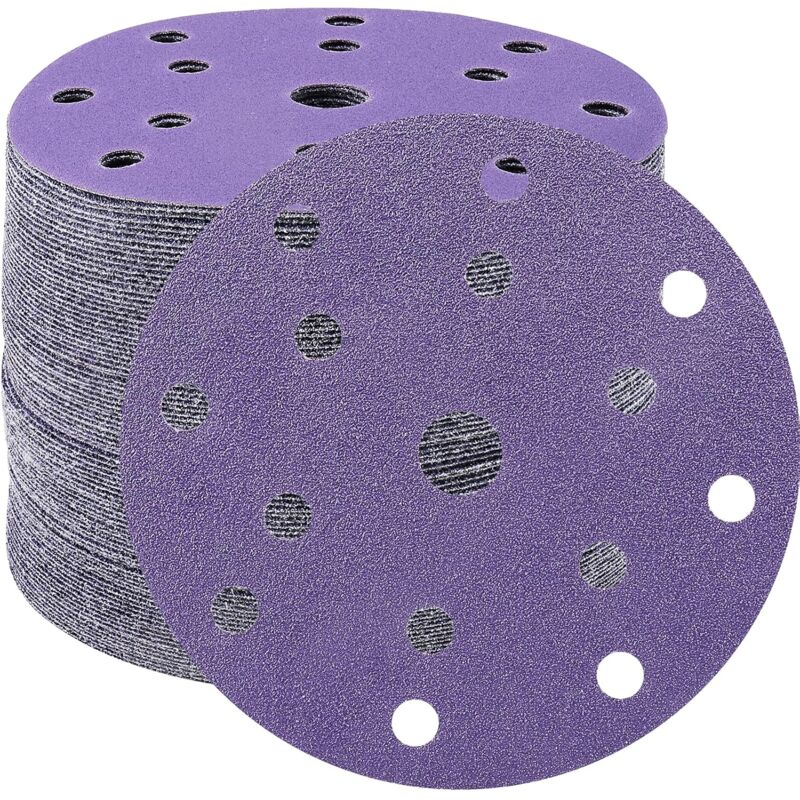Disques Abrasifs 150mm Grain 60 Papier Poncer Disques de Ponçage 45 Pièces 15 Trous Disques de Ponçage pour Ponceuse Excentrique(Violet)