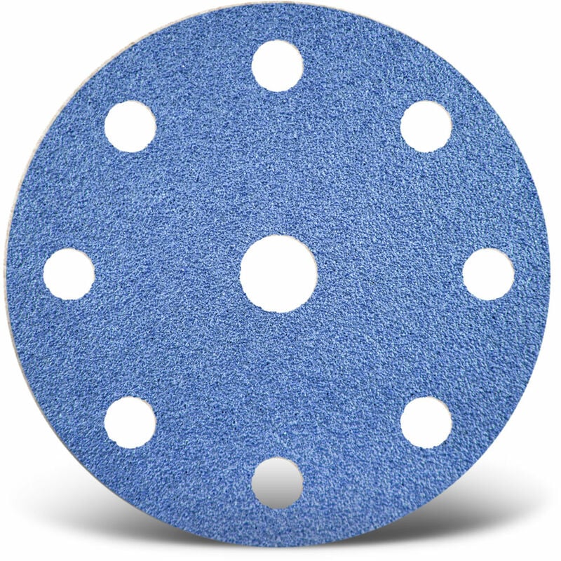 Blue Disques abrasifs auto-agrippants, 150 mm, 9 trous, p. Ponceuses excentriques, Corindon de zirconium (Lot de 25) G80 - Menzer