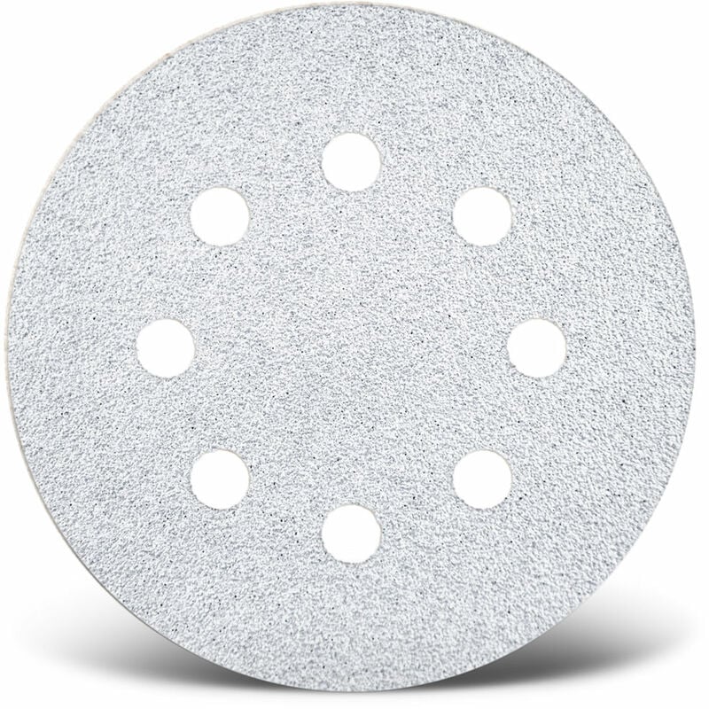 White Disques abrasifs auto-agrippants, 125 mm, 8 trous, p. Ponceuses excentriques, Corindon normal (Lot de 50) G180 - Menzer