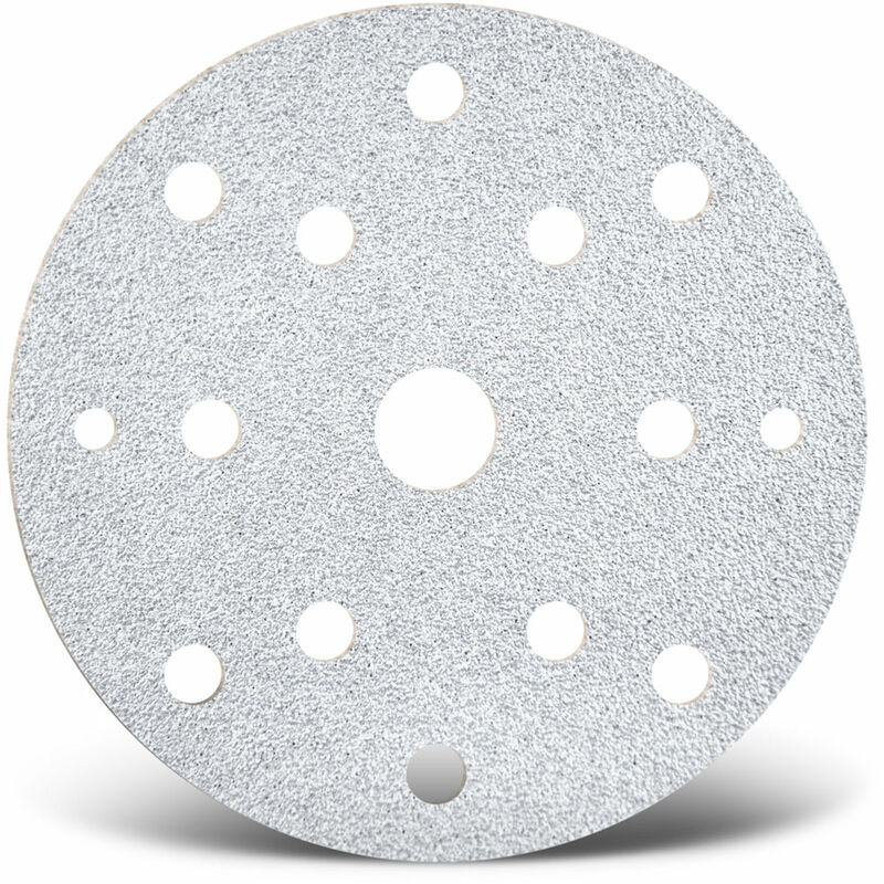 White Disques abrasifs auto-agrippants, 150 mm, 15 trous, p. Ponceuses excentriques, Corindon normal (Lot de 50) G180 - Menzer
