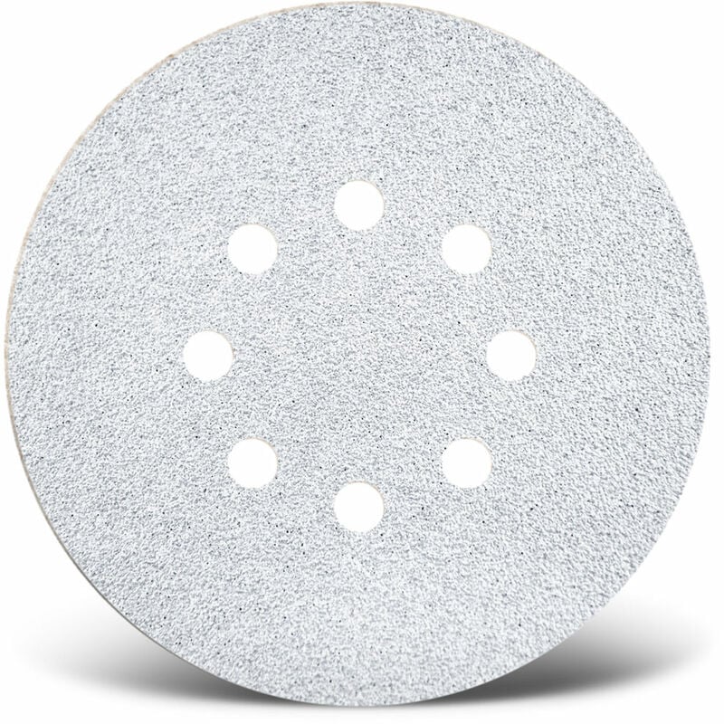 White Disques abrasifs auto-agrippants, 150 mm, 8 trous, p. Ponceuses excentriques, Corindon normal (Lot de 50) G100 - Menzer