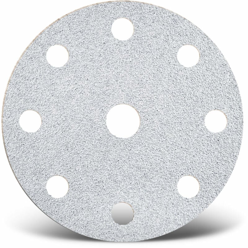 White Disques abrasifs auto-agrippants, 150 mm, 9 trous, p. Ponceuses excentriques, Corindon normal (Lot de 50) G150 - Menzer