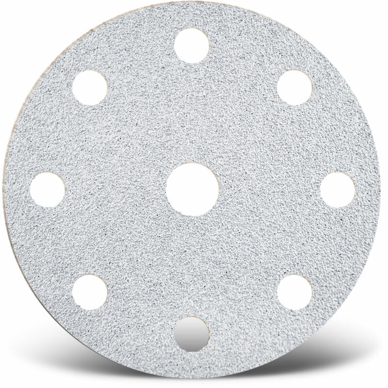 White Disques abrasifs auto-agrippants, 150 mm, 9 trous, p. Ponceuses excentriques, Corindon normal (Lot de 50) G240 - Menzer