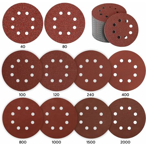 Disques abrasifs Velcro de Ponçage, 80 Pièces Disque a Poncer 125mm Papier Ponceuse Disque Abrasif pour Ponceuse Excentrique 10 P40 / P80 / P100 / P120 / P240 / P400, 5 P800 / P1000 / P1500 / P2000