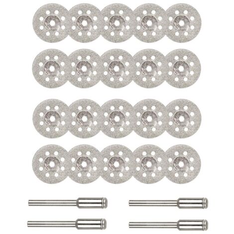 Disques de coupe diamantés, 20 mini-disques de coupe diamantés de 22 mm avec 4 tiges d'arbre pour outils rotatifs Dremel, disques de coupe pour pierres précieuses en verre