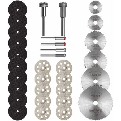 Disques de coupe pour Dremel, accessoires d'outils rotatifs Mini roue de coupe diamantée à tige 1/8 et lames de scie circulaire HSS et roues de coupe en métal en résine Outils Bois Métal Pierre Coupe