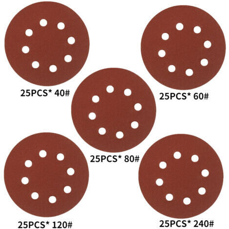 Disques de polissage de forme ronde, 5 pouces, grain 40-125, 8 trous, pour ponceuse, 125 pièces