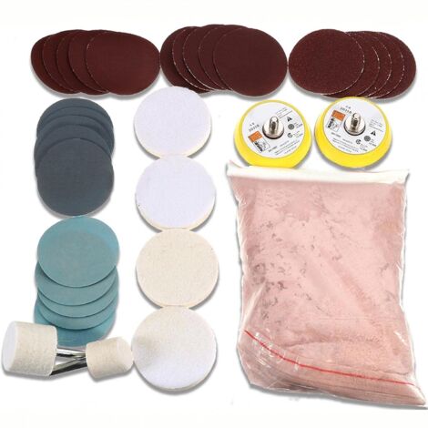 Disques de polissage pour verre, lot de 34, élimination des rayures profondes, poudre d'oxyde de cérium 230 g et tampons de polissage 50 mm