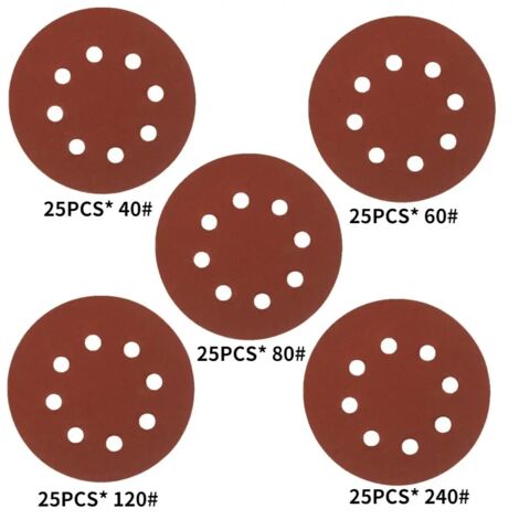 Disques de polissage ronds de 5 pouces - grain 40-125, 8 trous, 125 pièces