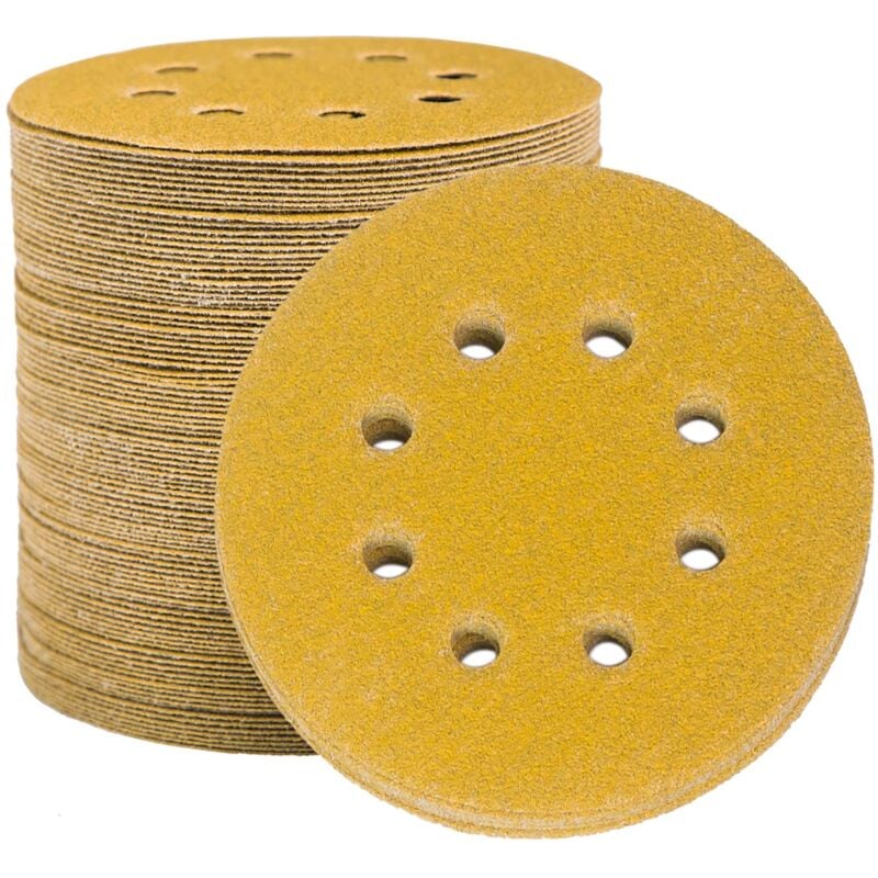 Disques de Ponçage Papier Abrasifs 125mm, 100 Disques Abrasifs de Ponçage Ponceuse tampons ponçage ronds 8 trous Grain 100 pour Poncer Polir