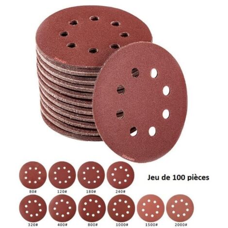 Disques de Ponçage Papier Abrasifs 125mm, 100 Disques Abrasifs de Ponçage Ponceuse Tampons Ponçage Ronds 8 Trous Pour Poncer Polir