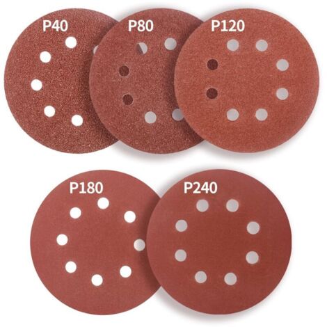Disques de Ponçage Papier Abrasifs 125mm.8 trous,50 pièces Disques Ponceuse: Disques abrasifs perforés ​auto-agrippant 125 mm Grain 40 80 120 180 240 pour Random Orbital Sander,Poncer/Polir