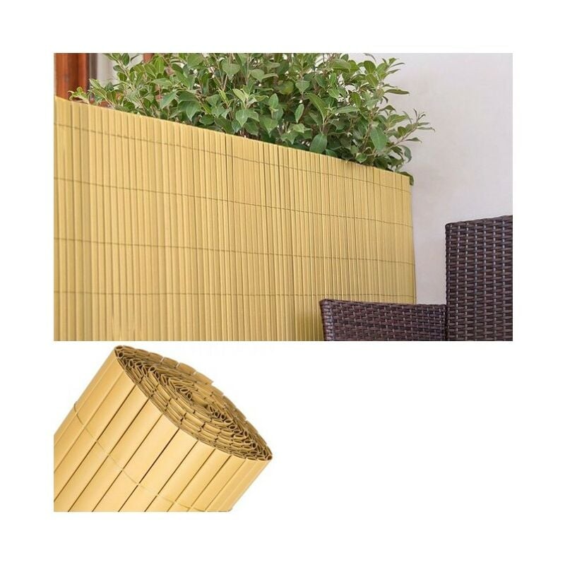 Canisse Synthétique pvc double 1 x 5 m avec Cannes Entières naturelle, Brise-Vue pour Jardins, Balcons et Clôtures