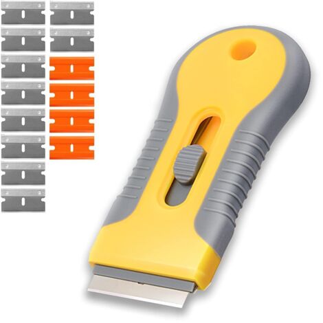 Dissolvant d'adhésif, grattoir à verre, grattoir de nettoyage en plastique + 10 lames en acier inoxydable + 4 lames en plastique orange