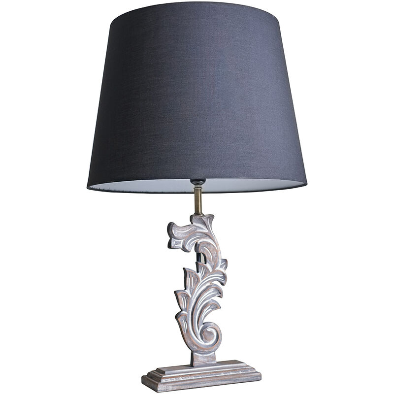Valuelights - Distressed White Floral Design Table Lamp With Large Tapered Shade + Led 4W Bulb - Black