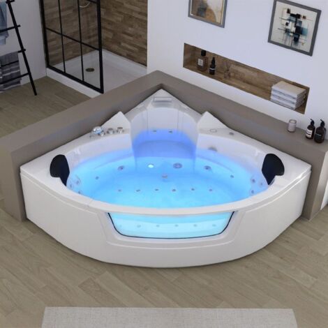 Distribain – Baignoire balnéo angle 2 places 30 jets – Acrylique renforcé 6-8 mm – Dimensions 140 x 140 x 64 cm – Douchette multijets