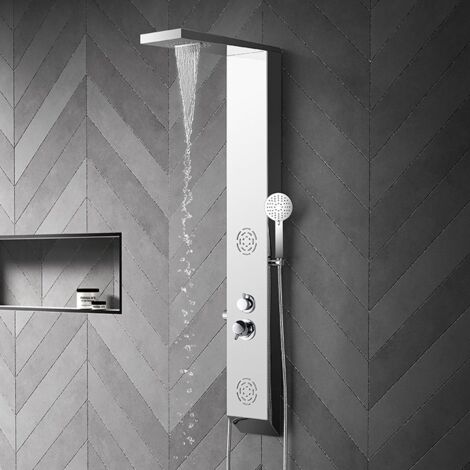 Distribain – Colonne de douche hydromassante 2 jets – Acier inoxydable chromé – Dôme de pluie ergonomique – Dimensions 200x1400mm - GS012