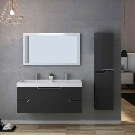 Distribain – Meuble de salle de bain double vasque 1200 en gris anthracite – MDF avec finition brillante – 4 tiroirs et miroir LED rétro-éclairé
