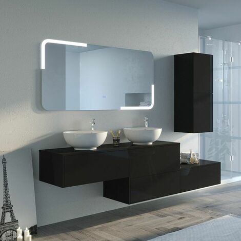 Distribain – Ensemble meuble de salle de bain double vasque noir brillant – 2 tiroirs push-open – Vasques en céramique blanche – Miroir anti-buée