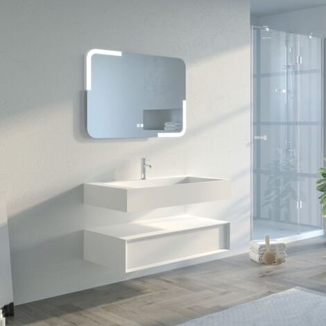 Distribain – Meuble de salle de bain 100cm 1 vasque – Meuble suspendu blanc avec ouverture push-open – Miroir LED intégré – Résine blanc mat - 1000B
