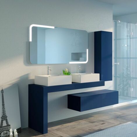 Distribain – Meuble de salle de bain double vasque 140 cm – Colonne de rangement suspendue – Vasques carrées en céramique – Bleu saphir mat