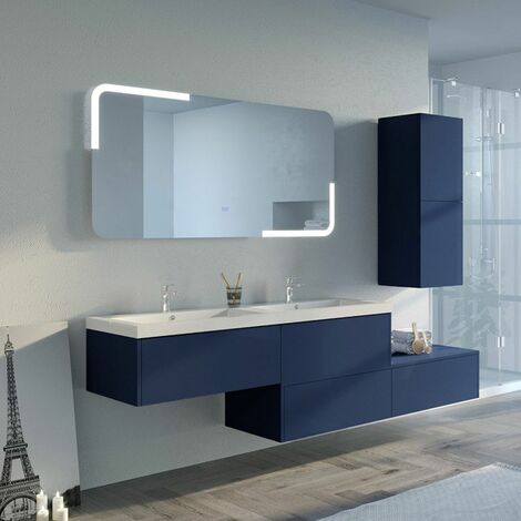 Distribain – Meuble de salle de bain double vasque 150 cm – Bleu saphir – Façades en MDF gloss – Colonne de rangement avec push-open – Miroir rétro-éclairé