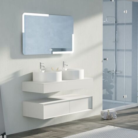 Distribain – Meuble double vasque 120cm blanc mat – MDF – 2 tiroirs avec ouverture push-open – Vasques en céramique – Miroir rétro-éclairé 1180mm