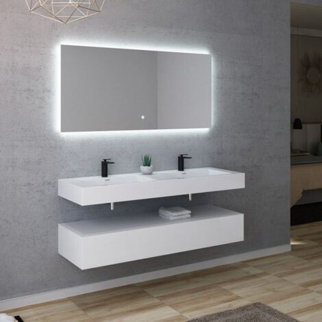 Distribain – Meuble double vasque 140 cm MDF blanc mat – 2 tiroirs – Ouverture push-open – Miroir LED 1380 x 650 mm – Vasque en Solid Surface - AVELLINO-1400