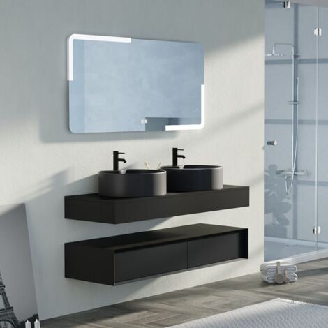 Distribain – Meuble double vasque noir mat 140 cm en MDF – 2 tiroirs – Vasques rondes en céramique – Ouverture push-open – Miroir rétro-éclairé