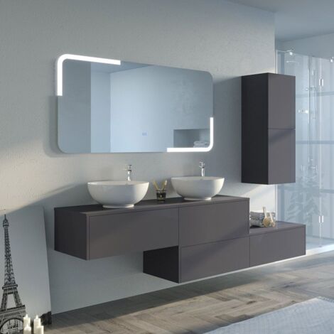 Distribain – Meuble double vasque DOLCE VITA – 2 tiroirs – Façades MDF 15mm – Dimensions 1495x455x280mm – Couleur gris anthracite brillant