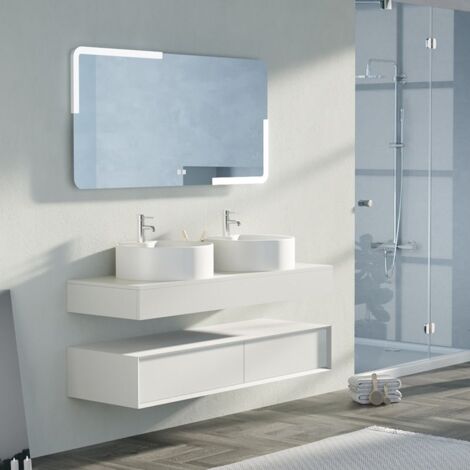 Distribain – Meuble sous vasque double vasque 140 cm en MDF blanc mat – Système Push-Open – 2 tiroirs – Miroir LED 1380x35x700 mm