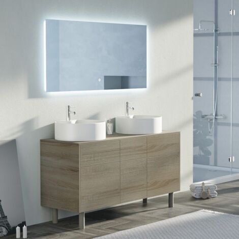 Distribain – Meuble sous vasque double vasque 140 cm – MDF scandinave – 2 vasques rondes en céramique – 5 tiroirs et 2 placards