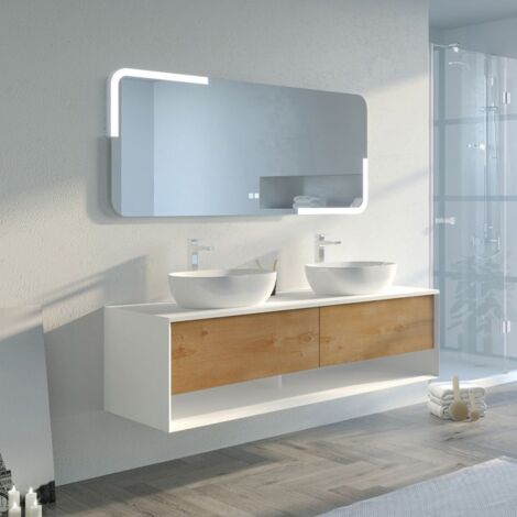 Distribain – Meuble sous vasque double vasque 160 cm – MDF blanc mat et bois naturel – 2 tiroirs avec système Push-Open – Miroir anti-buée 1580 x 700 mm