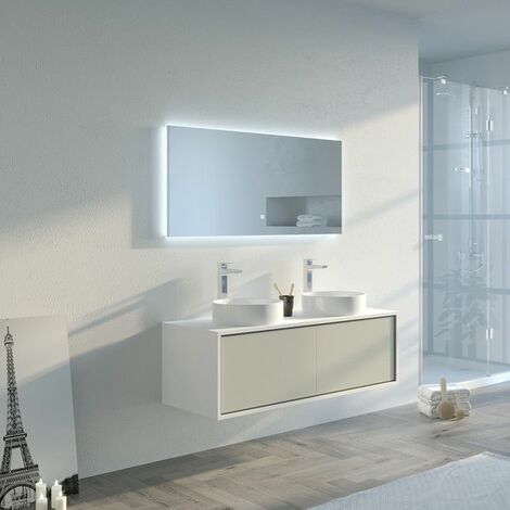Distribain – Meuble sous vasque simple 120 cm – MDF beige galet et blanc – Double vasque avec miroir LED panoramique – Entretien facile
